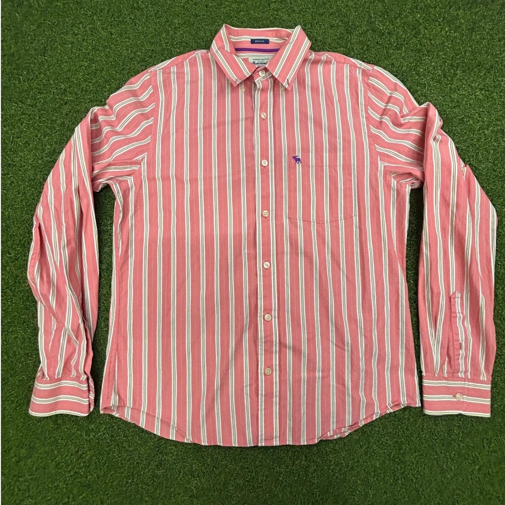Abercrombie & Fitch Men XL Muscle Fit Striped Long Sleeve Button Down Pink Shirt